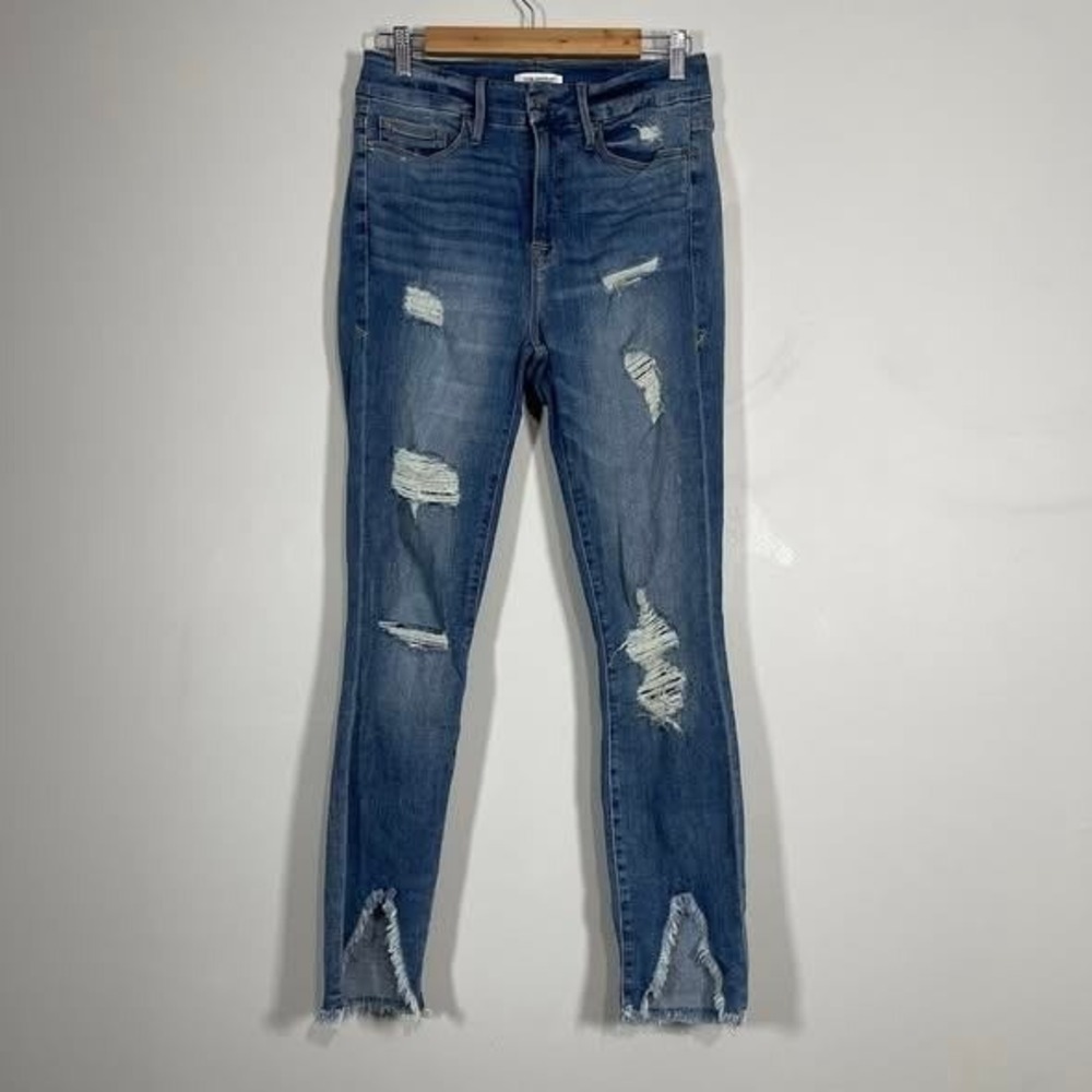 Good American‎ Good Leg Destructed Skinny Jeans Wms 10 High Rise Front Slit Fray